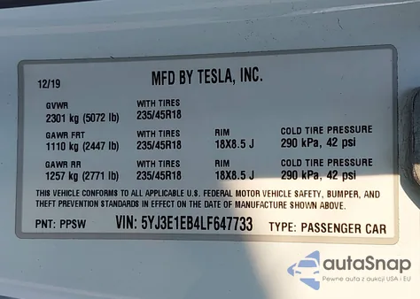 2020 Tesla Model 3 Long Range Dual Motor All-Wheel Drive из США, поврежденный, VIN 5YJ3E1EB4LF647733